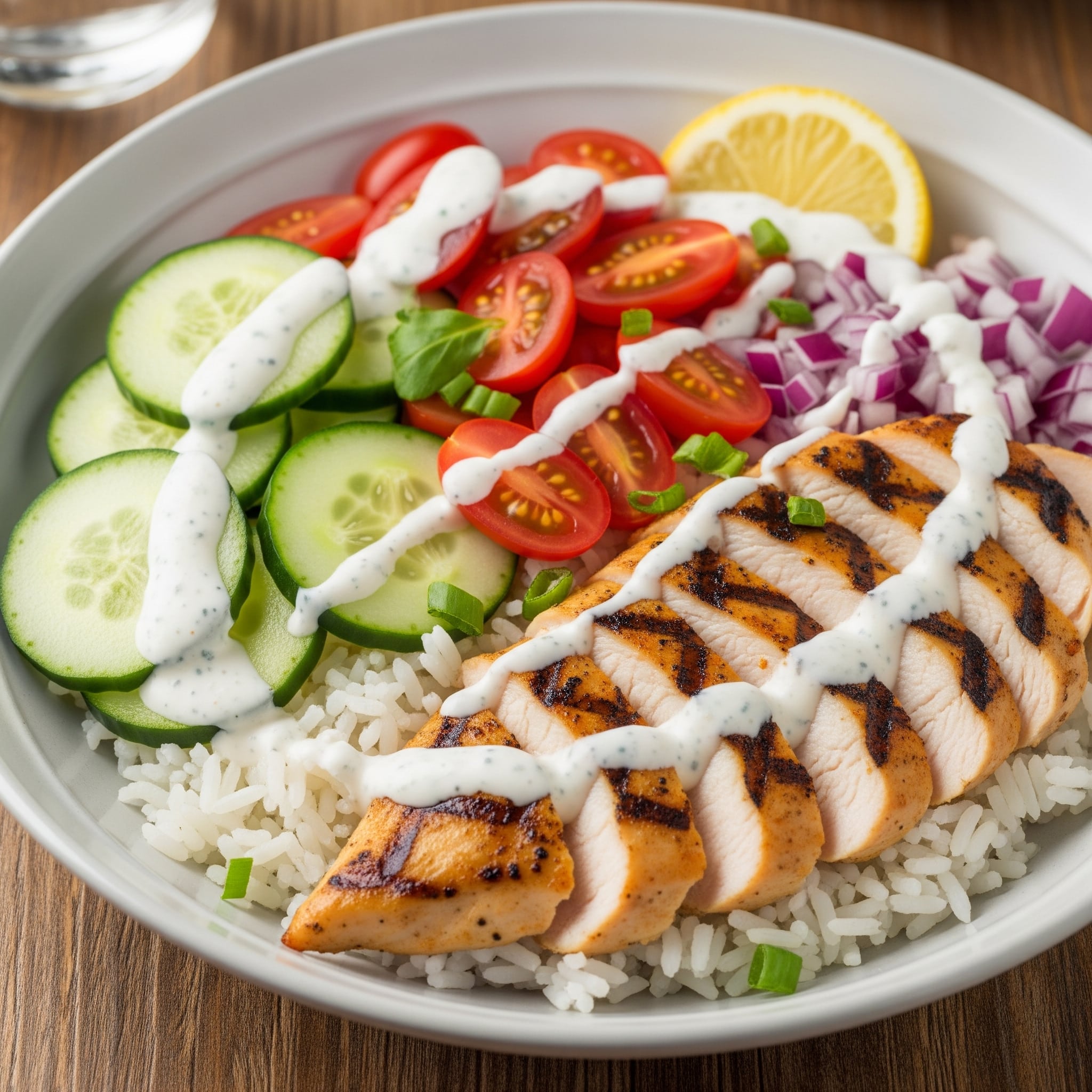 Grilled chicken and rice power bowl recipe with cherry tomatoes, cucumbers, and yogurt ranch drizzle served in a white bowl.