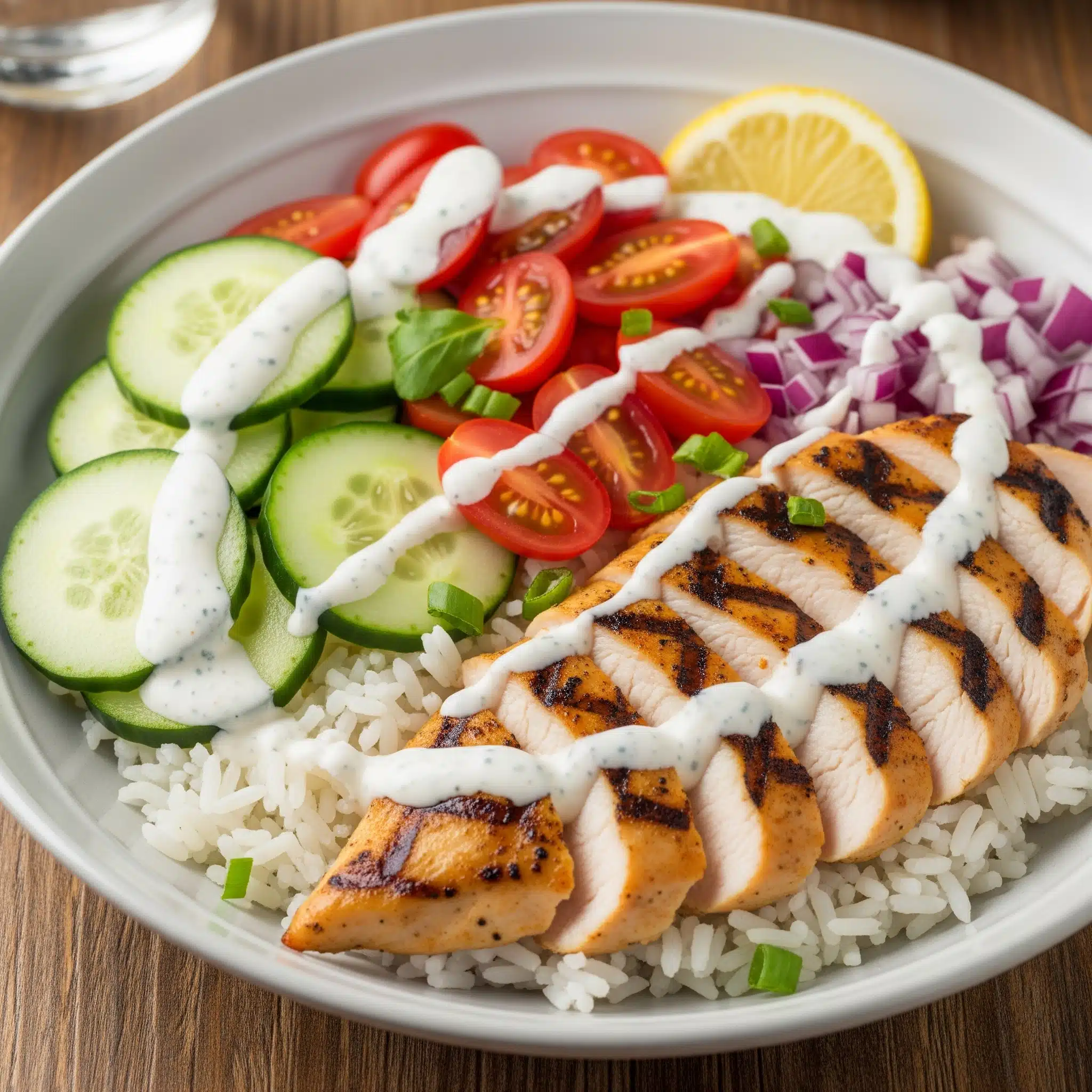 Grilled chicken and rice power bowl recipe with cherry tomatoes, cucumbers, and yogurt ranch drizzle served in a white bowl.