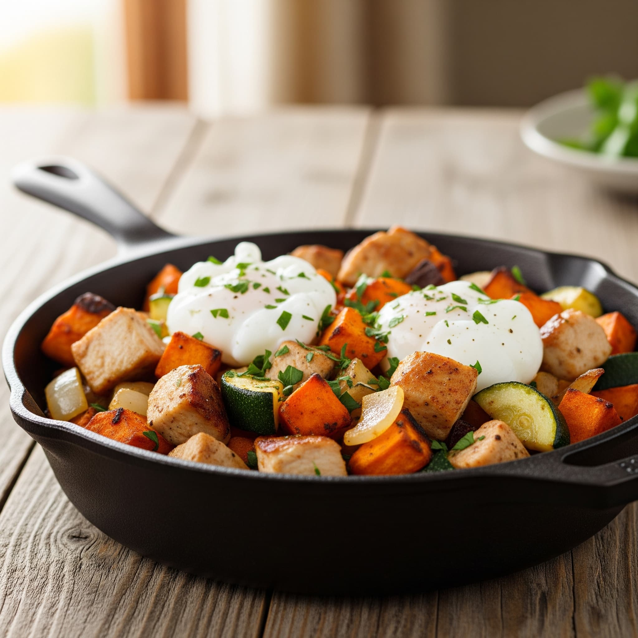 Cast iron skillet filled with sweet potato and chicken breakfast hash featuring zucchini, onions, and egg whites – a high protein breakfast hash perfect for meal prep.