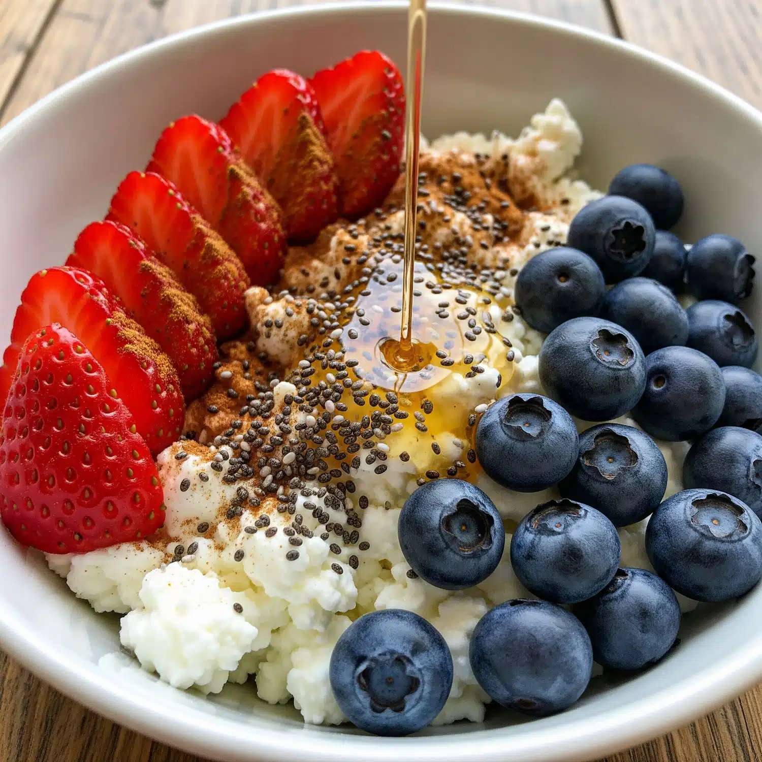 High protein breakfast bowl featuring low-fat cottage cheese topped with fresh strawberries, blueberries, chia seeds, cinnamon, and a drizzle of honey.