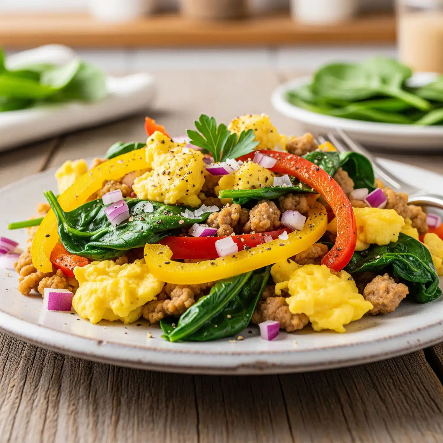 A high protein egg white scramble with ground turkey, vibrant bell peppers, fresh spinach, and red onions, served on a ceramic plate — a colorful and nutritious high protein breakfast option.