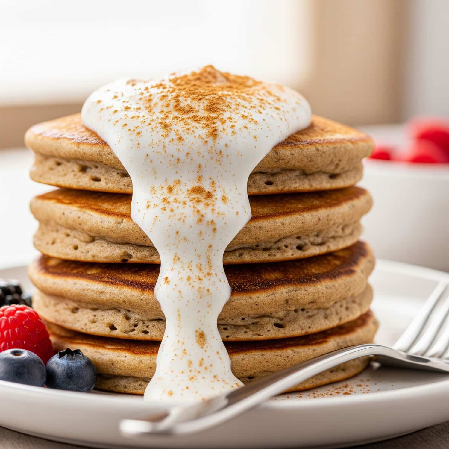 Protein pancakes recipe with Greek yogurt topping – a high protein breakfast recipe on a white ceramic plate