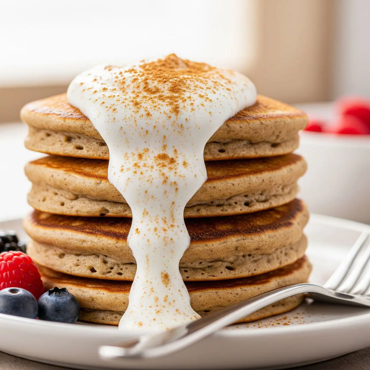 Protein pancakes recipe with Greek yogurt topping – a high protein breakfast recipe on a white ceramic plate
