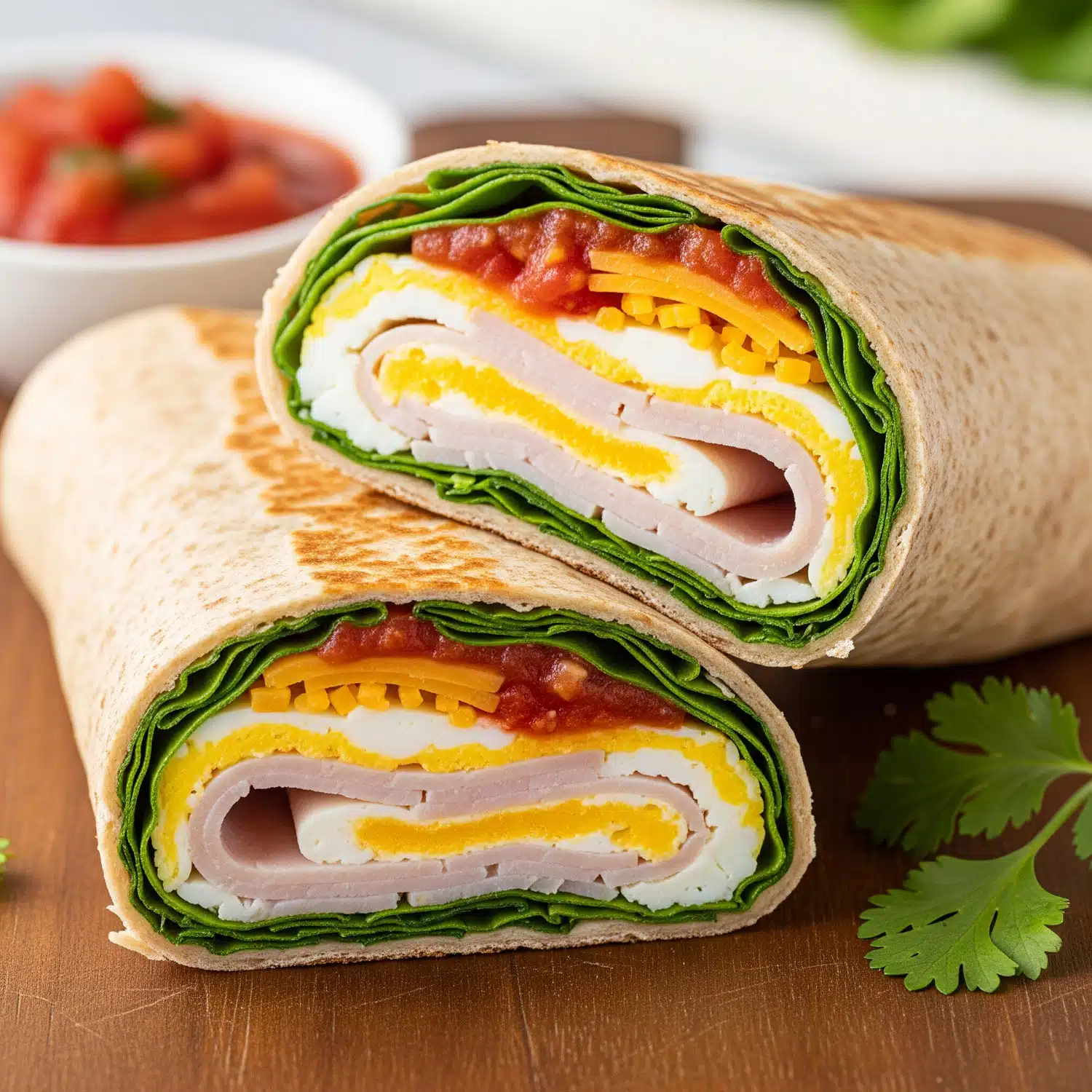 High-protein turkey breakfast wrap with egg whites, spinach, cheese, and salsa rolled in a whole wheat tortilla stacked on a table
