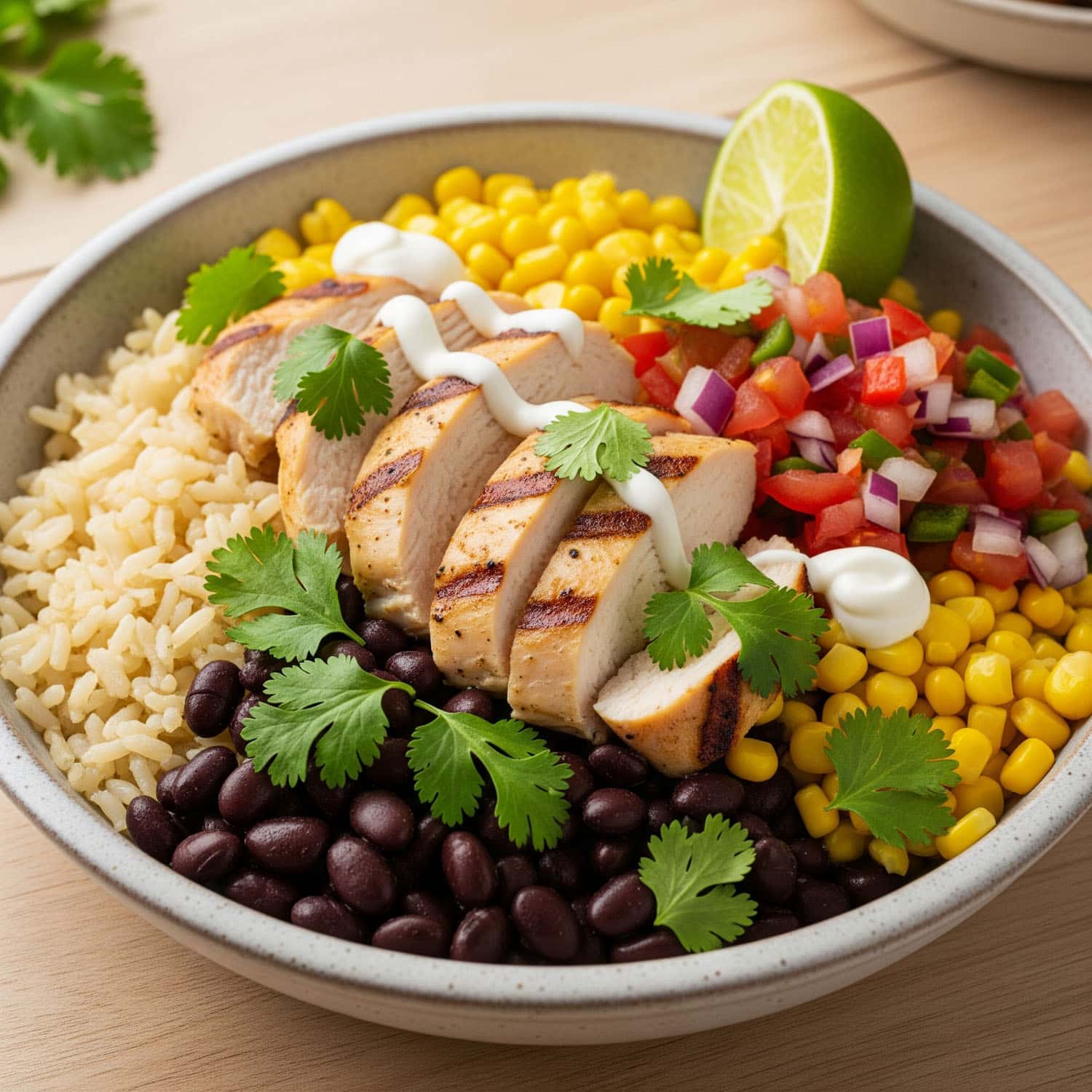 Chipotle-style chicken bowl with grilled chicken, brown rice, black beans, corn, salsa, and light sour cream in a white bowl.