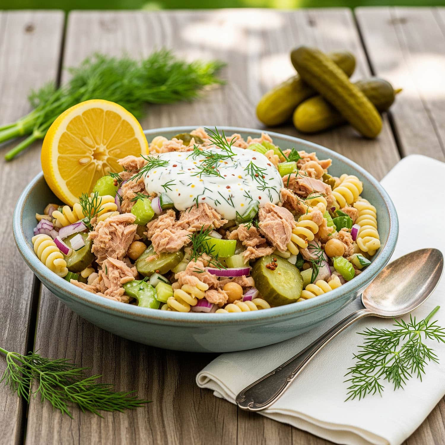 A vibrant bowl of high protein tuna pasta salad with chickpea pasta, Greek yogurt dressing, diced pickles, red onions, and celery.