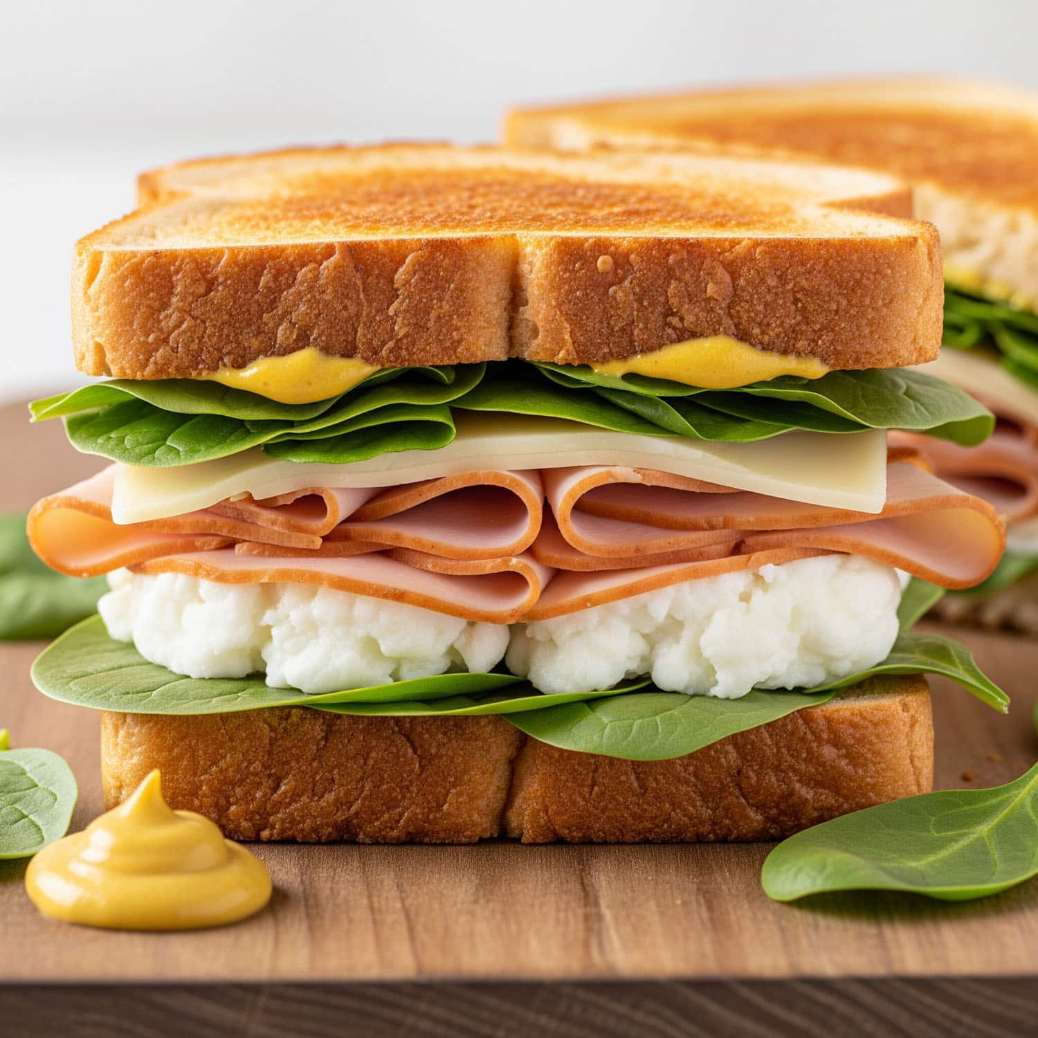 A high Protein Turkey and egg white protein sandwich with spinach and Swiss cheese, grilled on whole grain bread.