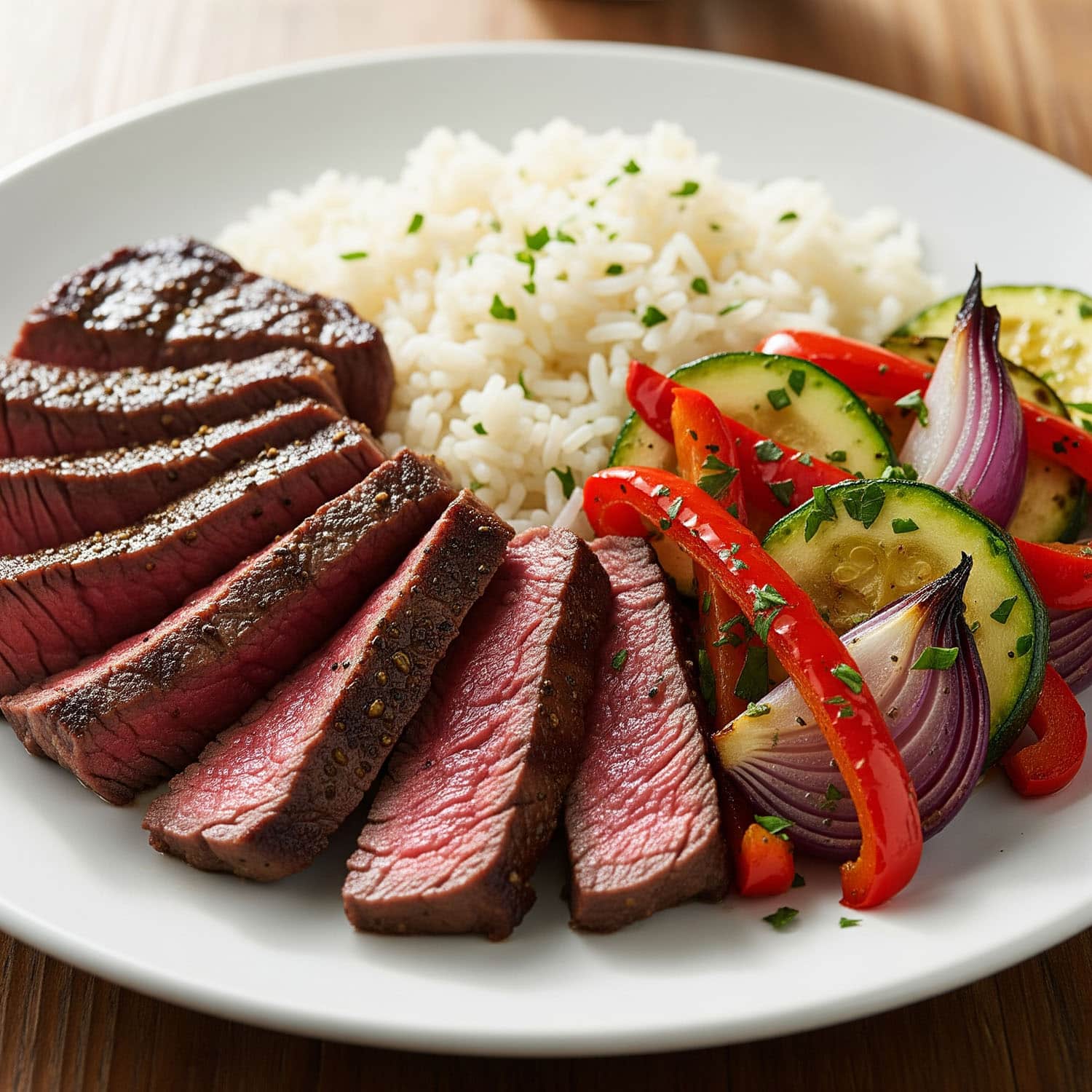 High protein steak and roasted veggie plate with rice, featuring sliced sirloin steak, white jasmine rice, and colorful roasted vegetables including zucchini, red bell pepper, and red onion – a macro-balanced meal idea for clean eating and muscle-building.