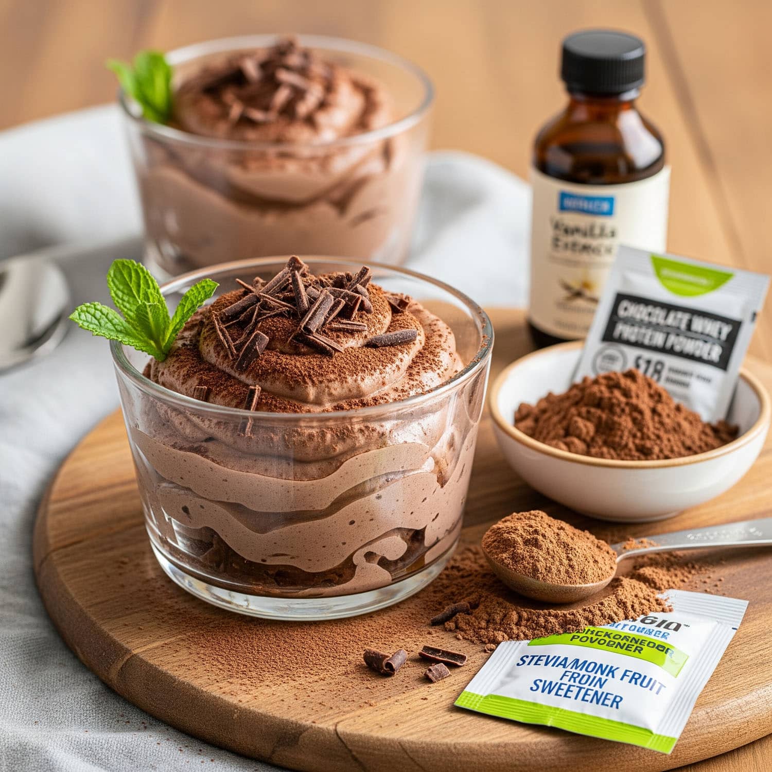 High protein chocolate Greek yogurt mousse in glass cups, topped with dark chocolate shavings and fresh mint, surrounded by cocoa powder, stevia sweetener, vanilla extract, and chocolate whey protein powder on a wooden board.