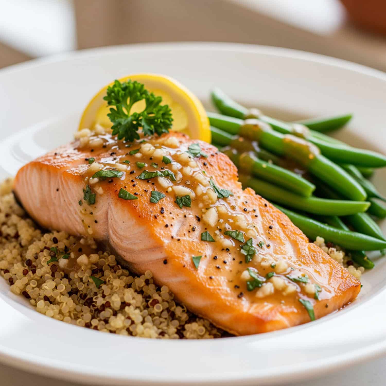 Garlic Dijon oven-baked salmon fillet served over fluffy quinoa, garnished with fresh parsley and lemon, alongside steamed green beans on a white plate — a macro-balanced, weight loss-friendly dinner.