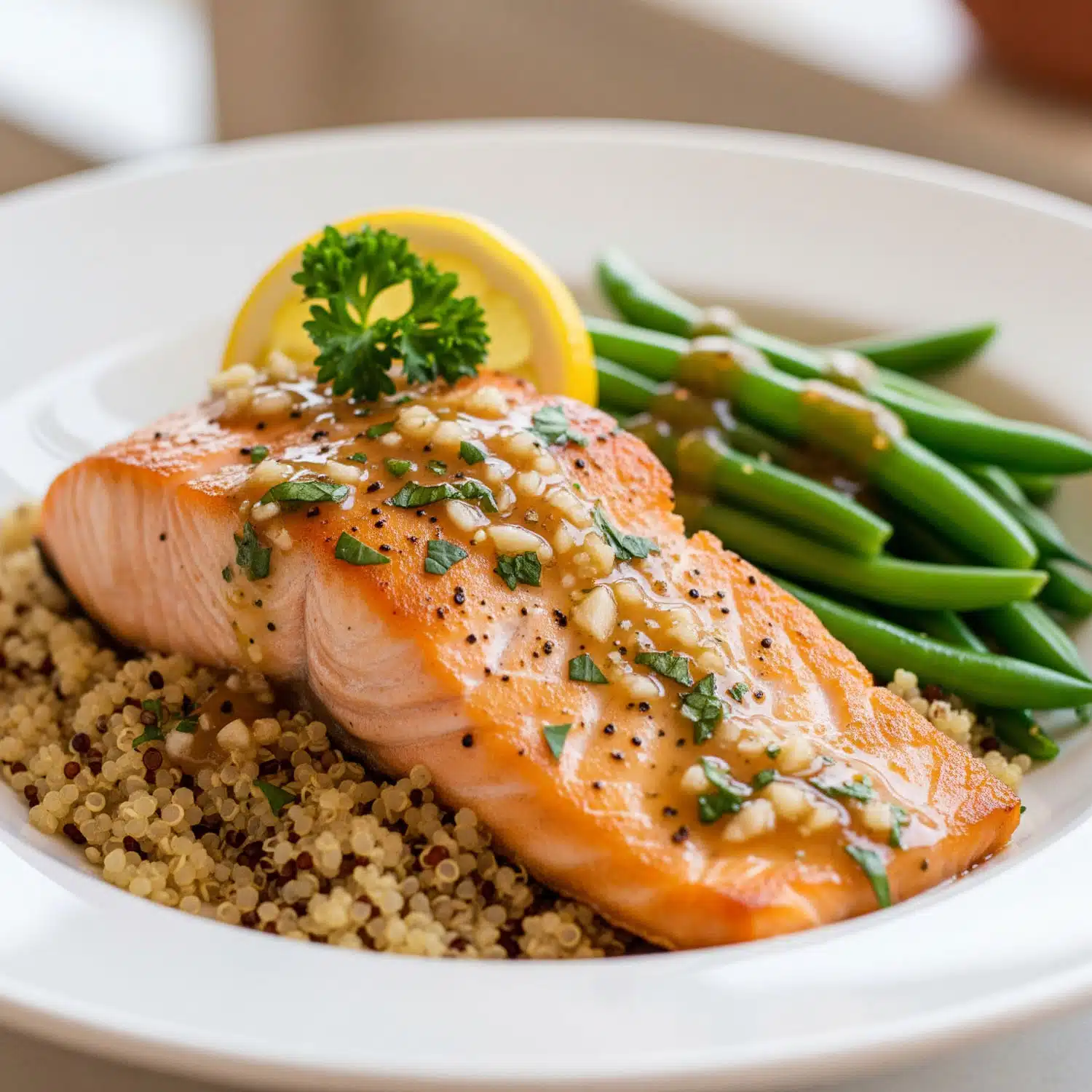 Garlic Dijon oven-baked salmon fillet served over fluffy quinoa, garnished with fresh parsley and lemon, alongside steamed green beans on a white plate — a macro-balanced, weight loss-friendly dinner.