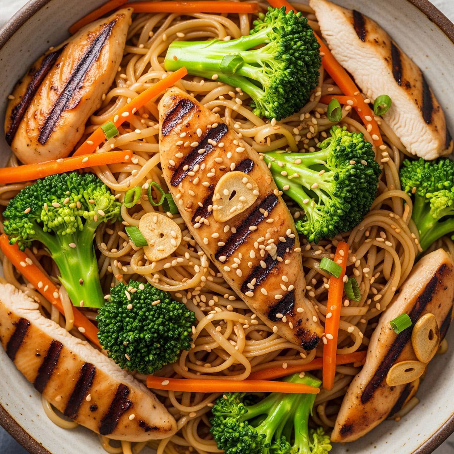 Grilled Chicken stir fry recipe over Broccoli and Noodles with sesame seeds sprinkled on top on a plate