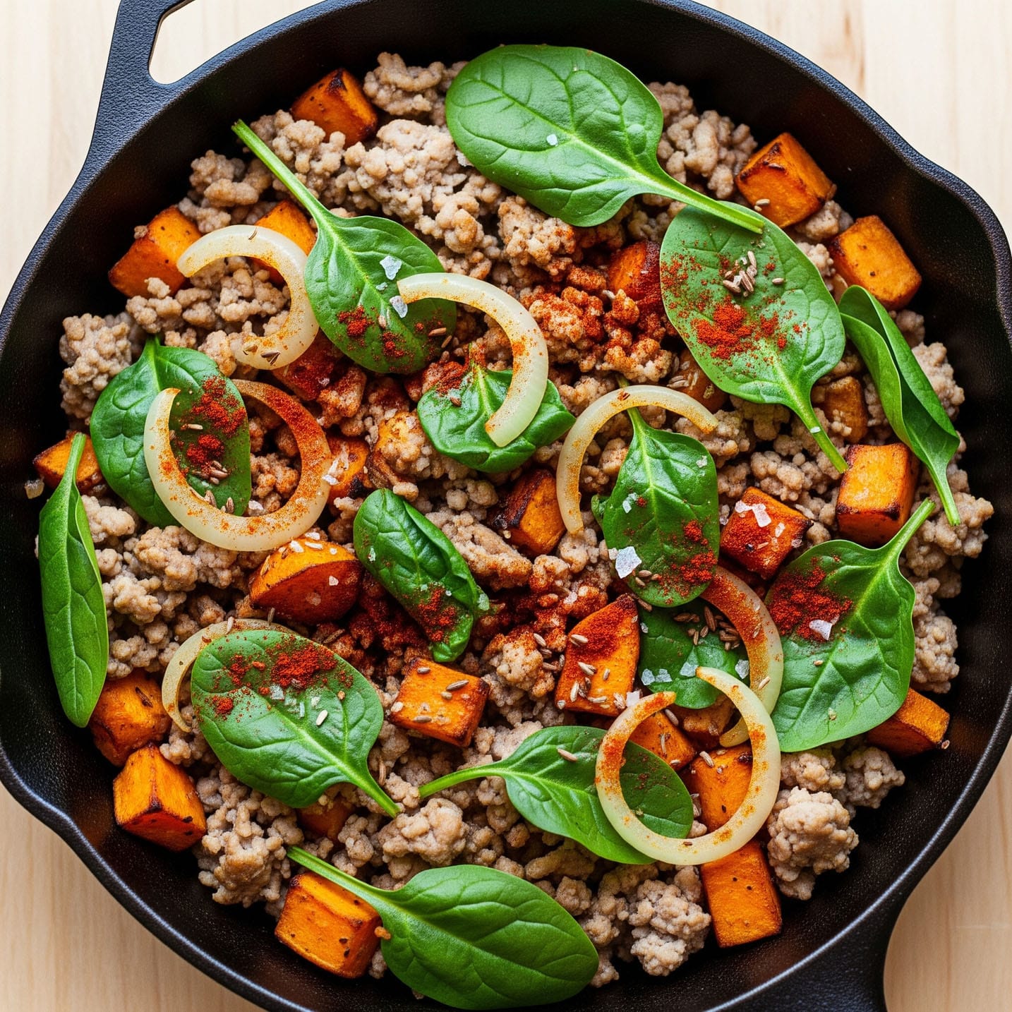 Ground turkey and sweet potato skillet with spinach and onions in a cast iron pan – a colorful, high-protein, macro-balanced meal for weight loss and muscle support.