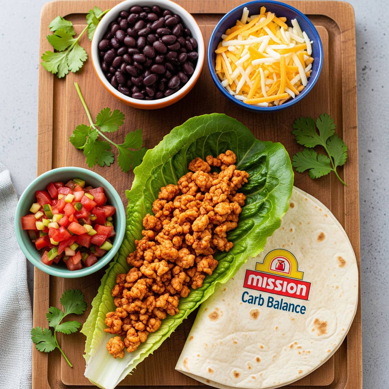 Turkey taco lettuce wrap with romaine leaf filled with seasoned ground turkey, surrounded by bowls of shredded cheese, black beans, salsa, and a Mission Carb Balance tortilla on a wooden board with fresh cilantro garnish.