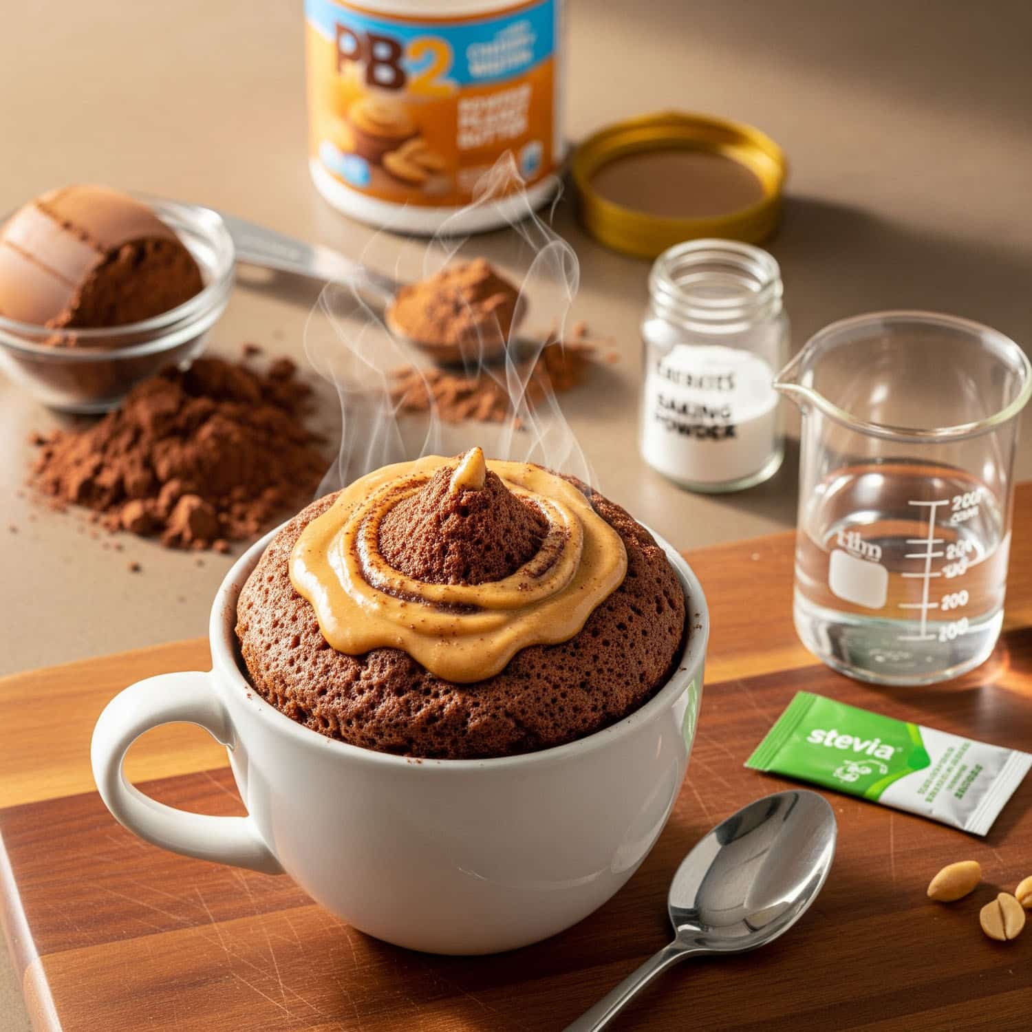 Warm chocolate peanut butter protein mug cake topped with PB2 drizzle, a quick high protein dessert made with whey protein and cocoa powder.