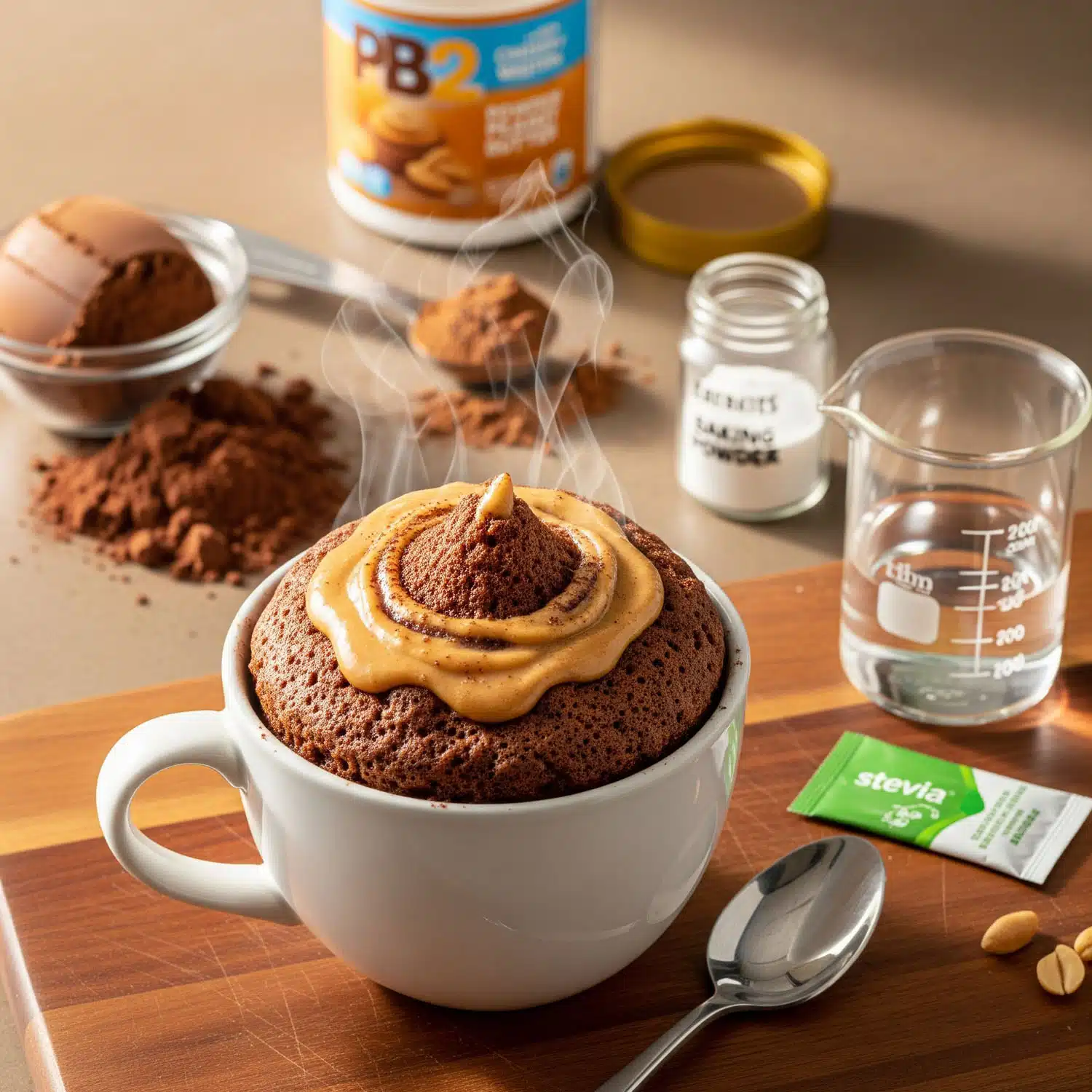 Warm chocolate peanut butter protein mug cake topped with PB2 drizzle, a quick high protein dessert made with whey protein and cocoa powder.