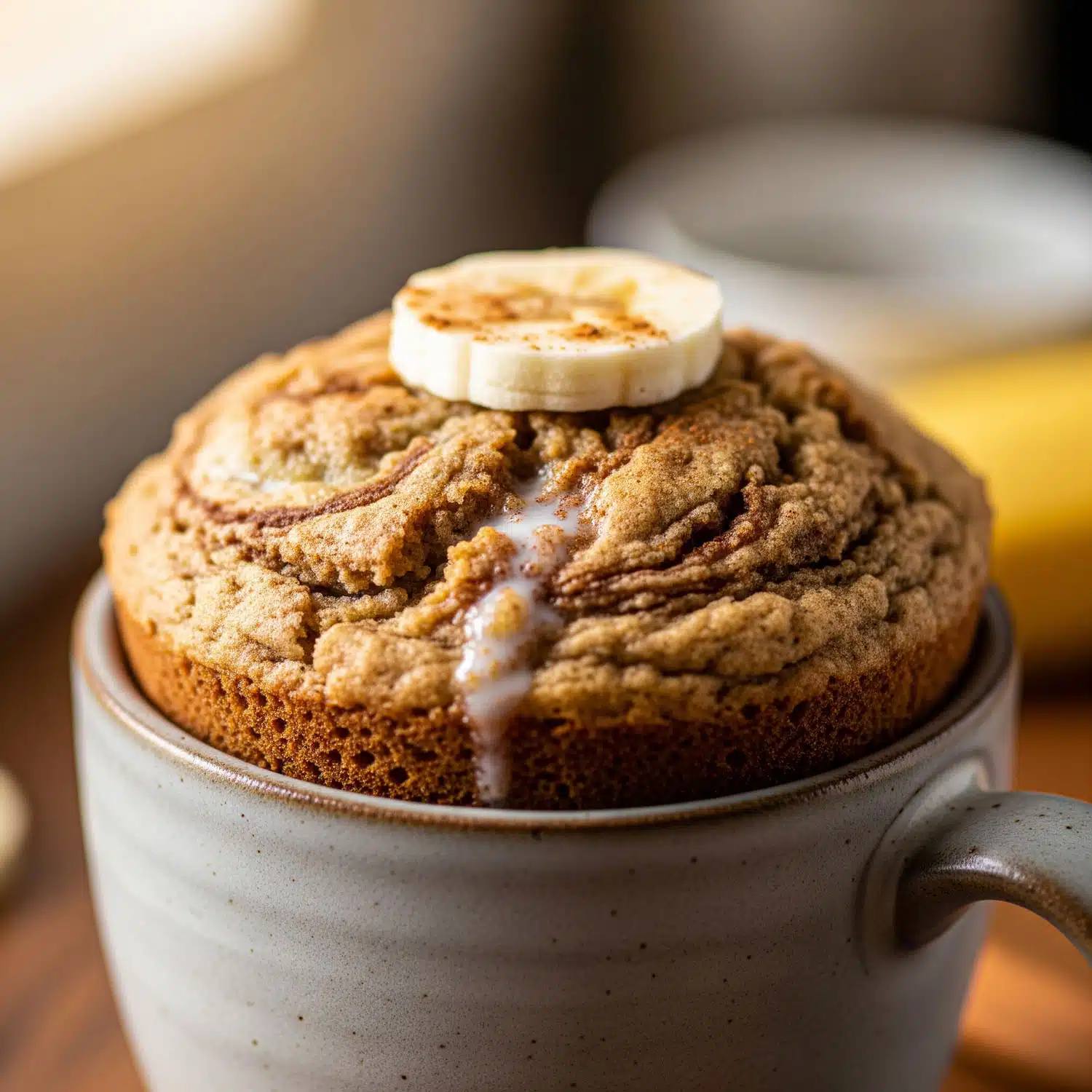 High protein banana bread mug cake topped with banana slice, a warm and fluffy single-serve dessert made with whey protein and oat flour for a macro-friendly treat.