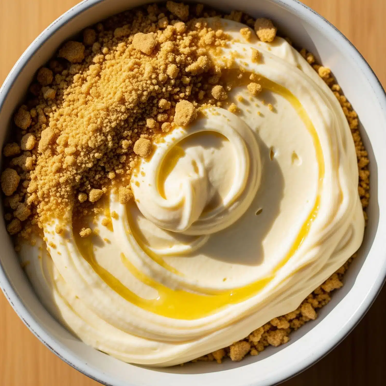 Creamy protein cheesecake bowl topped with graham cracker crumbs and a drizzle of lemon, a high protein dessert perfect for weight loss and muscle recovery.