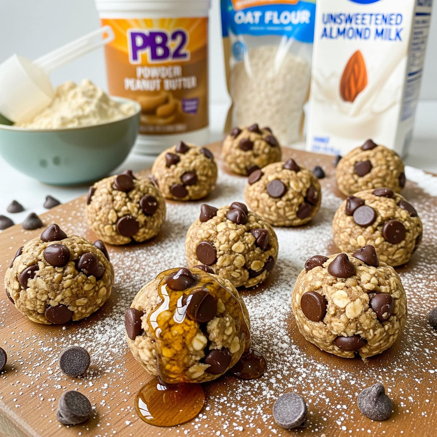 High-protein cookie dough bites made with whey protein, PB2 powdered peanut butter, oat flour, sugar-free maple syrup, and almond milk, topped with dark chocolate chips and drizzled with syrup.