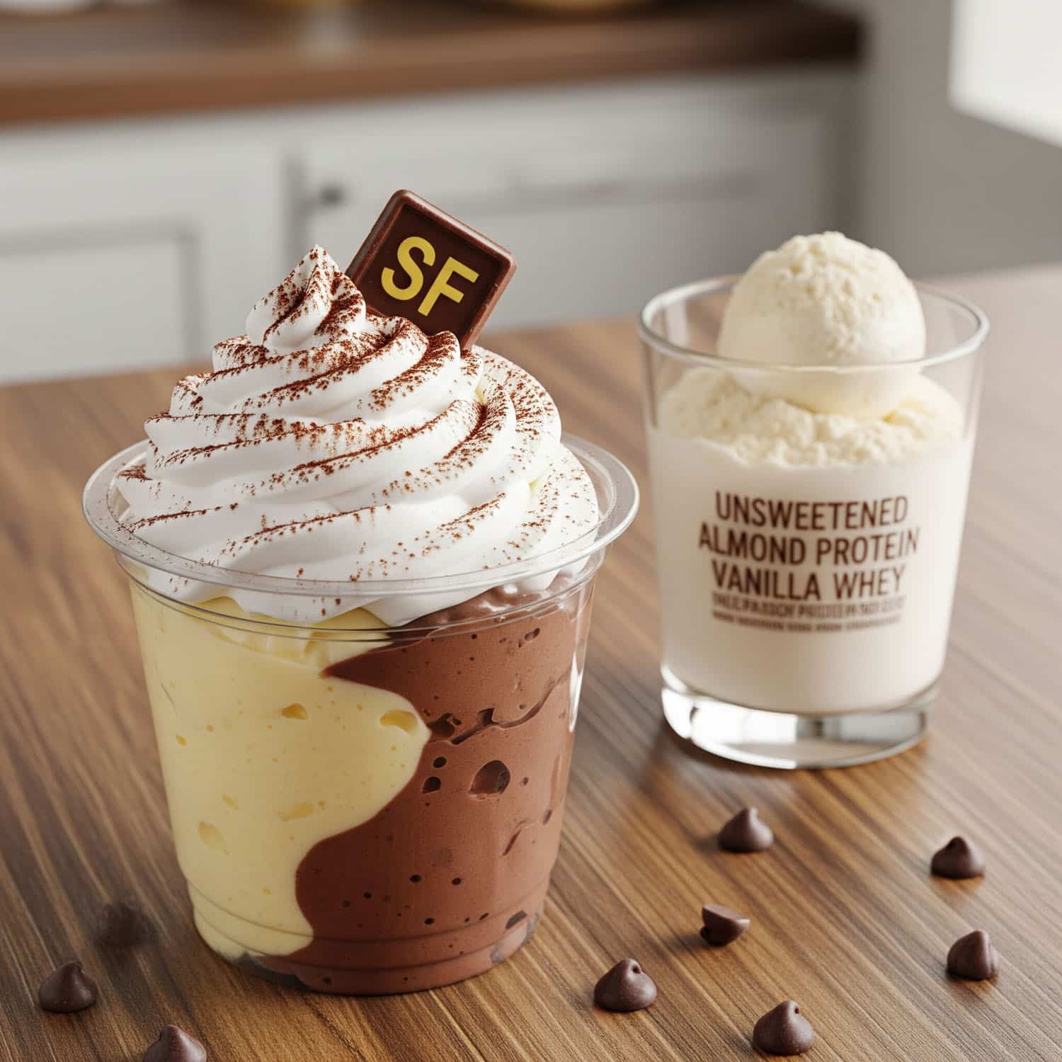 High protein pudding cup recipe layered with chocolate and vanilla protein pudding, topped with sugar-free whipped cream and cocoa for a macro-friendly dessert.