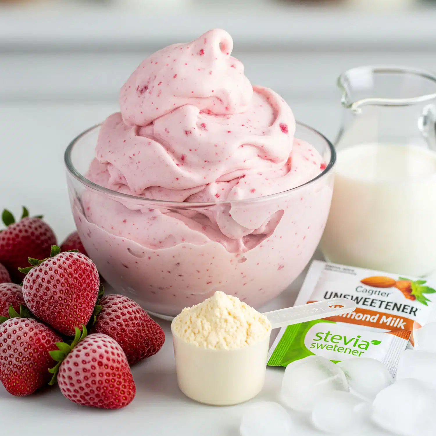 A creamy bowl of strawberry protein ice cream made from frozen strawberries, vanilla protein powder, unsweetened almond milk, and stevia, surrounded by fresh strawberries, a scoop of protein powder, almond milk carton, and ice cubes — a refreshing high protein dessert for women focused on healthy eating and weight loss.