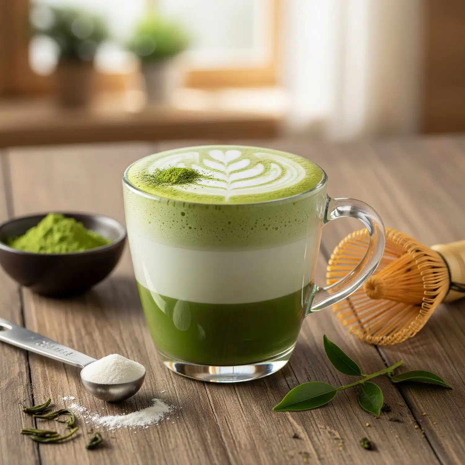 Green tea recipe made as a collagen green tea latte with almond milk, cinnamon, and vanilla in a glass mug