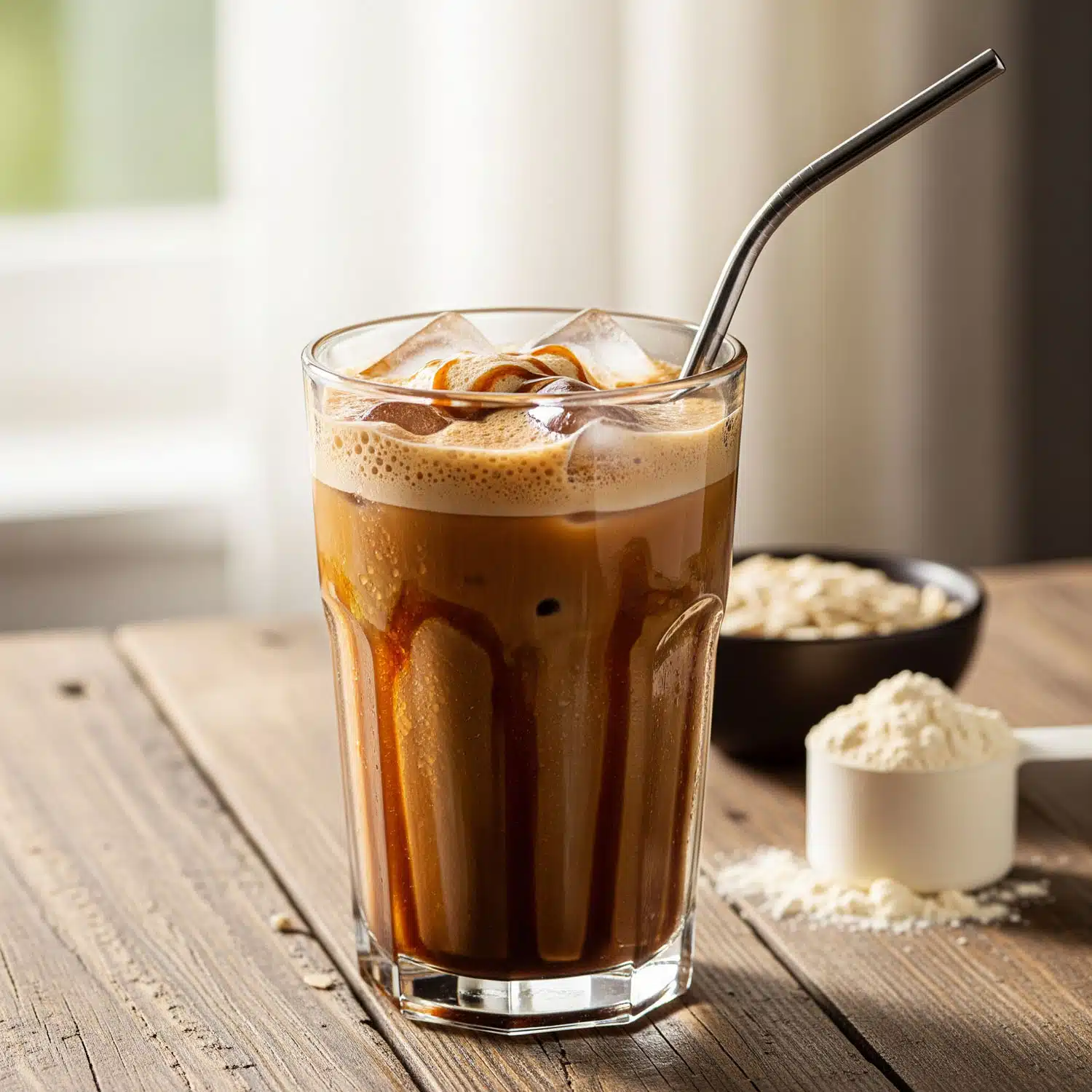 Protein iced coffee recipe made with chilled coffee, vanilla protein powder, almond milk, and ice in a glass