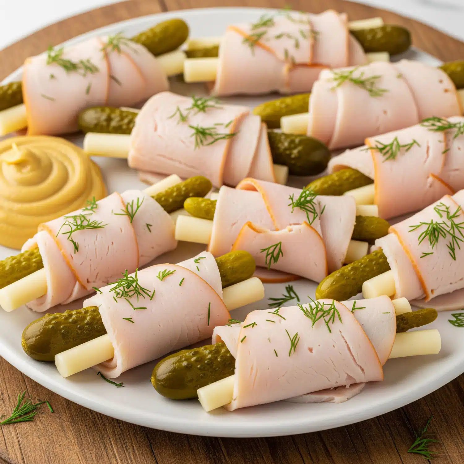 Turkey rollup recipe with deli turkey, string cheese, and dill pickles on a plate